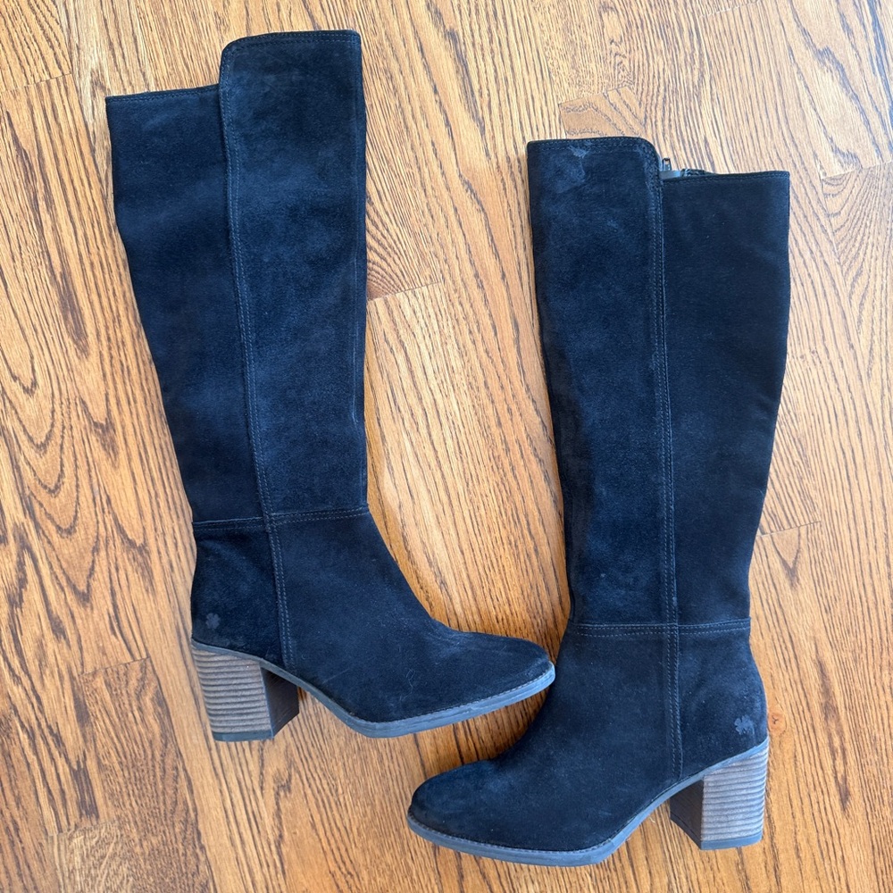 Lucky Brand womens Black Suede Knee-High Boots size 8 M with chunky heel